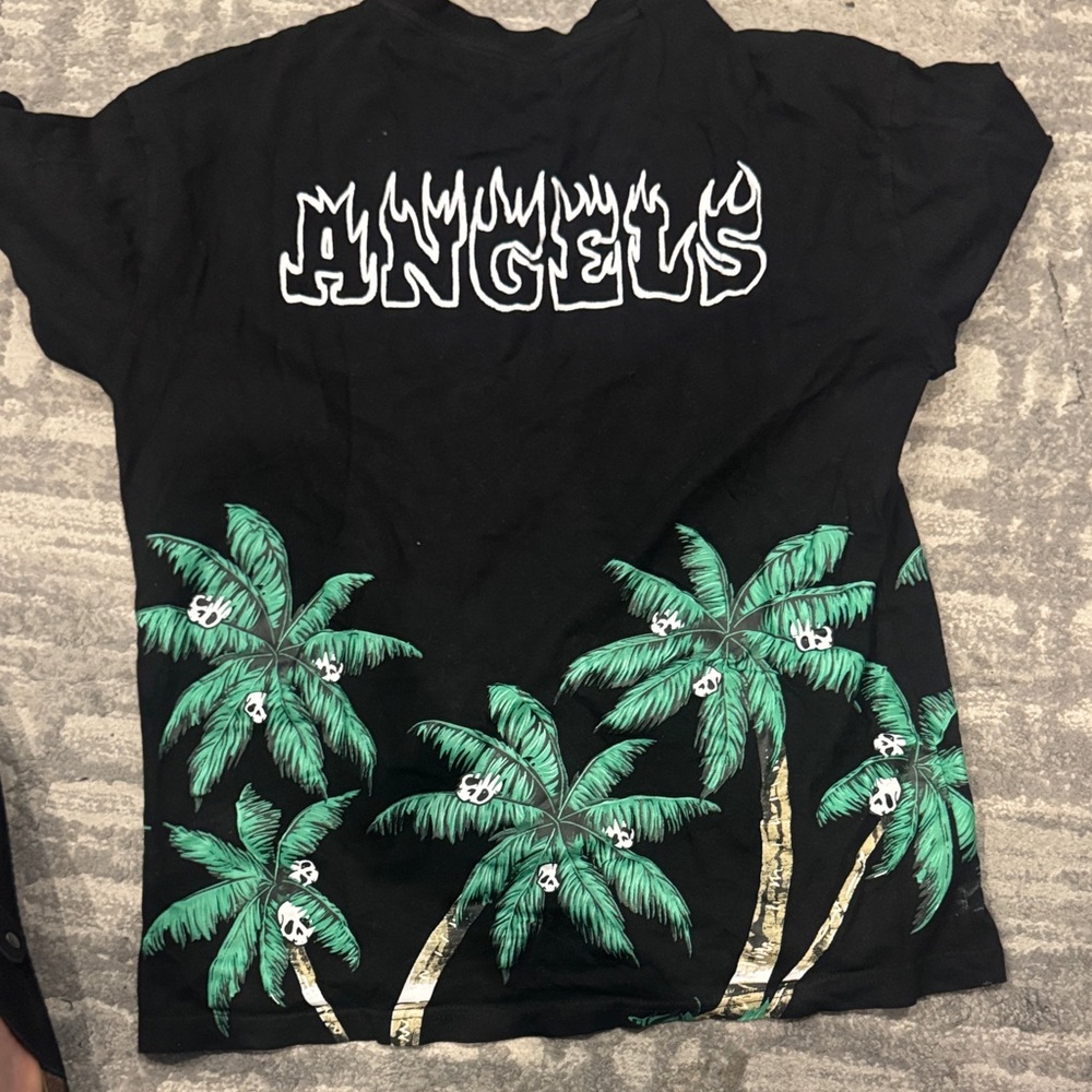Angels Black Tee with Green Palm Tree Graphic